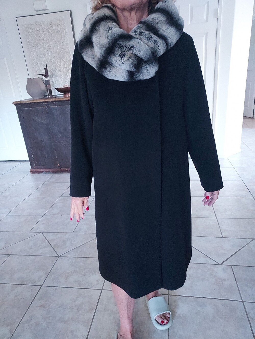Cinzia Rocca Black Wool Coat W/ Rabbit Fur Collar